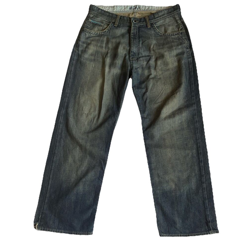 Mavi Max Mid-Rise Wide Leg Mid Wash Jeans Mens Size 34 X 30 Worn Hem Vintage